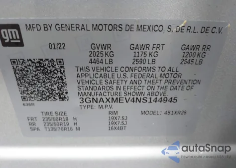 2022 Chevrolet Equinox Fwd Rs из США, поврежденный, VIN 3GNAXMEV4NS144945